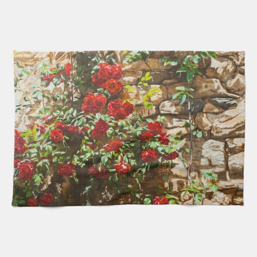 Rode rozen tegen een stenen muur theedoek (Horizontaal)