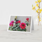 Rode rozen tegen tuinmuur kaart (Gele Bloem)