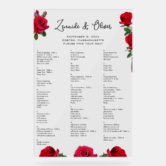 Rode Rozen Trouwstoel Grafiek Acryl Teken Acryl Bord (Voorkant)