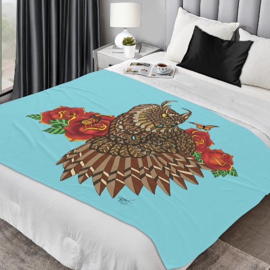 Rode Rozen Uil Blauw Fleece Deken