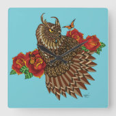 Rode rozen Uil Blauw Vierkante Klok (Voorkant)