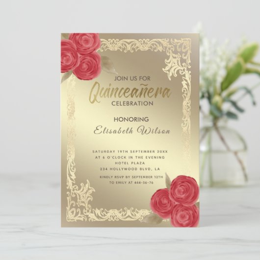  rode rozen van het lijst Quinceañera Kaart (Staand voorkant)