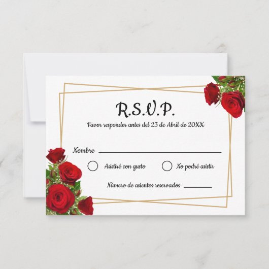 Rode Rozen Vierkant Frame Spaanse Bruiloft RSVP Kaartje (Voorkant)
