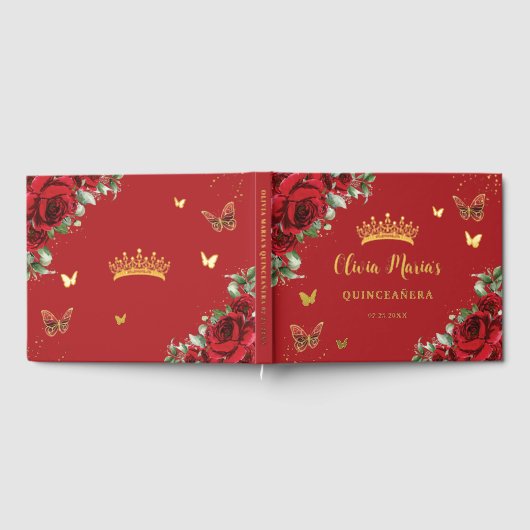 Rode Rozen Vlinder Quinceanera Sweet 16 Verjaardag Gastenboek (Volledig)