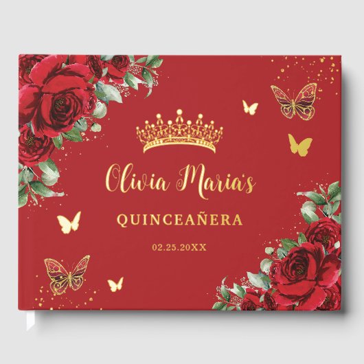 Rode Rozen Vlinder Quinceanera Sweet 16 Verjaardag Gastenboek (Voorkant)