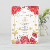 Rode Rozen & Vlinders Gouden Glitter Quinceañera Kaart (Staand voorkant)