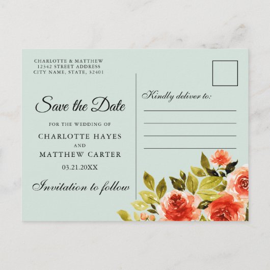 Rode rozen Waterverf Botanisch sparen de datum Aankondigingskaart (Achterkant)