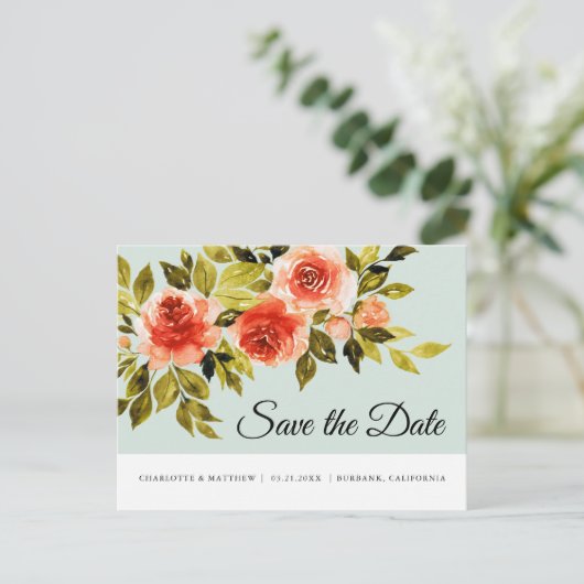 Rode rozen Waterverf Botanisch sparen de datum Aankondigingskaart (Staand voorkant)