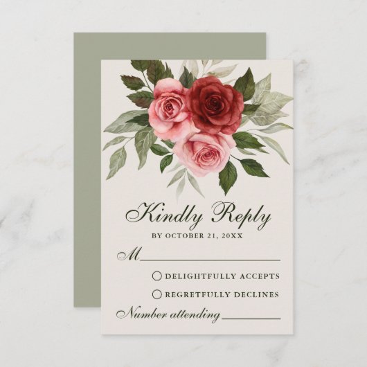 Rode Rozen Waterverf Botanische Bruiloft RSVP Kaar Advieskaart (Voorkant / Achterkant)