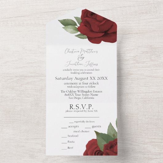 Rode rozen Waterverf Flowers Wedding All In One Uitnodiging (Binnen)