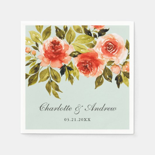 Rode Rozen Waterverf Mint Groene Bruiloft Servet (Voorkant)