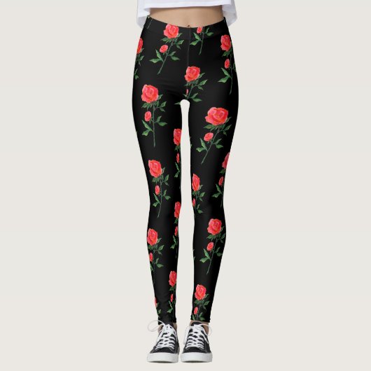 Rode rozen Waterverf Patroonpatronen Leggings (Voorkant)