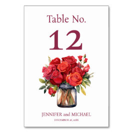 Rode Rozen Waterverf Trouwtafel Nummer Kaart