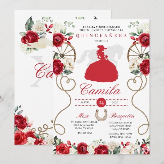 Rode rozen Western Mariachi Charro Quinceañera Kaart (Voorkant / Achterkant)