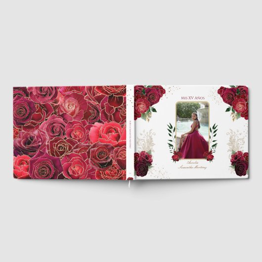 Rode rozen, wit, Quinceañera Libro de Firmas Gastenboek (Volledig)