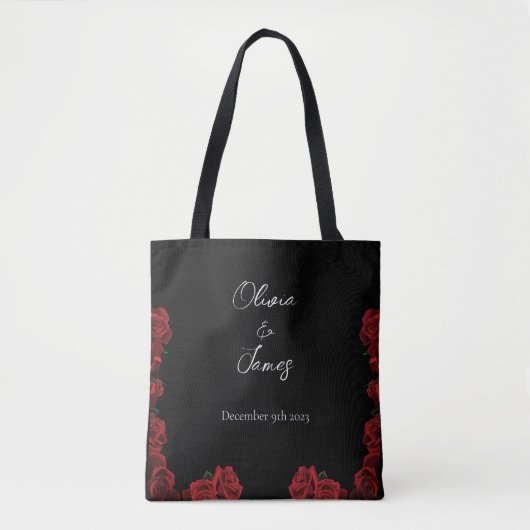 Rode rozen wit zwart tote bag (Voorkant)