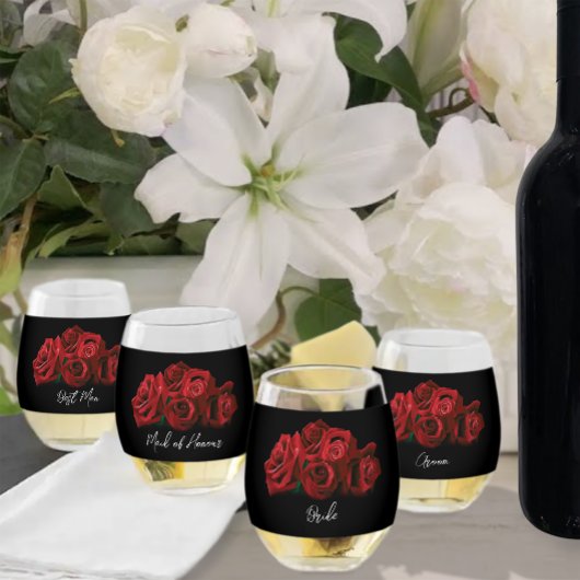 Rode rozen wit zwart wijnglas zonder voet