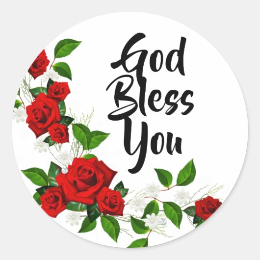 Rode Rozen witte bloemen God zegene U Ronde Sticker (Voorkant)