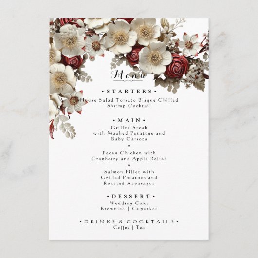 Rode Rozen Witte Dogwood Bloemen, Elegante Bruilof Menu (Voorkant)