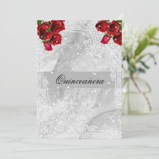 Rode Rozen Witte Kant Harten Sterren Quinceanera  Kaart (Staand voorkant)