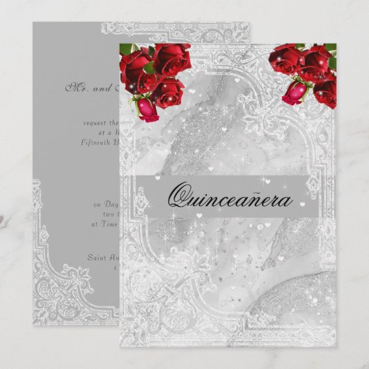 Rode Rozen Witte Kant Harten Sterren Quinceanera  Kaart (Voorkant / Achterkant)