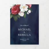 Rode Rozen Witte Magnolia Marineblauwe QR Code Tro Drieluik Uitnodiging (Cover)
