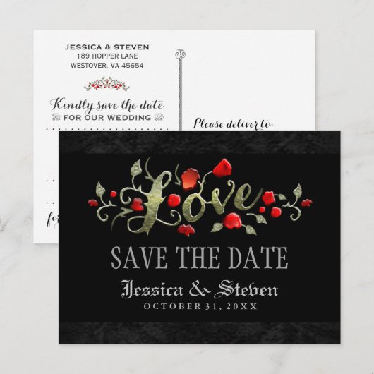 Rode rozen zijn dol op Halloween bruiloft Save the Aankondigingskaart (Voorkant / Achterkant)