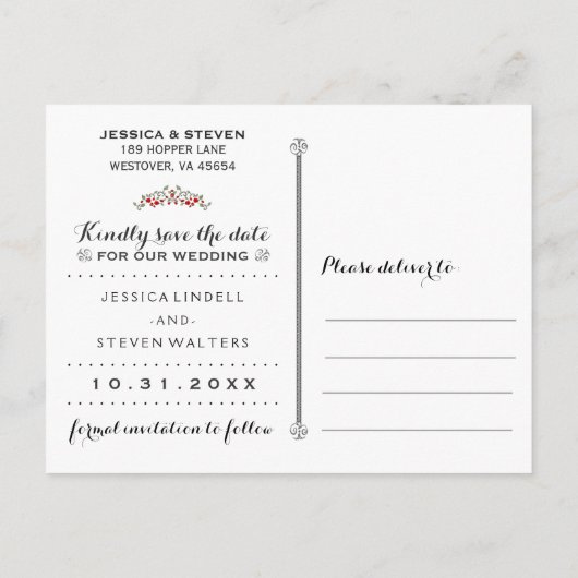 Rode rozen zijn dol op Halloween bruiloft Save the Aankondigingskaart (Achterkant)