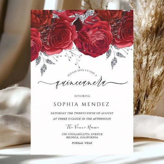 Rode Rozen Zilverblad Quinceanera Kaart