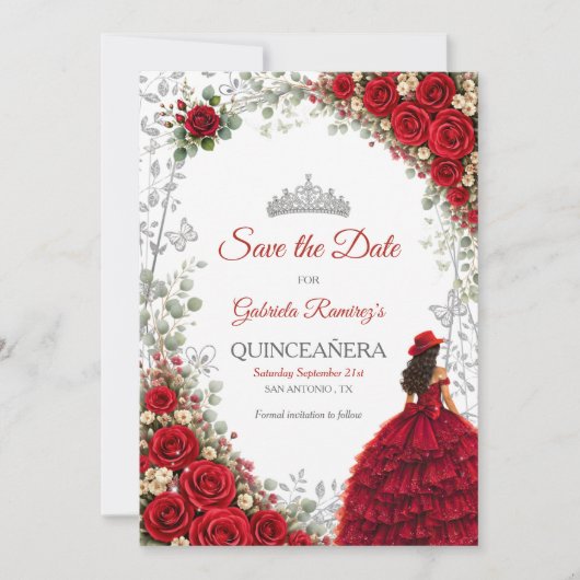 Rode Rozen Zilveren Vlinders Quinceañera Save The Date (Voorkant)