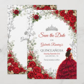 Rode Rozen Zilveren Vlinders Quinceañera Save The Date (Voorkant / Achterkant)