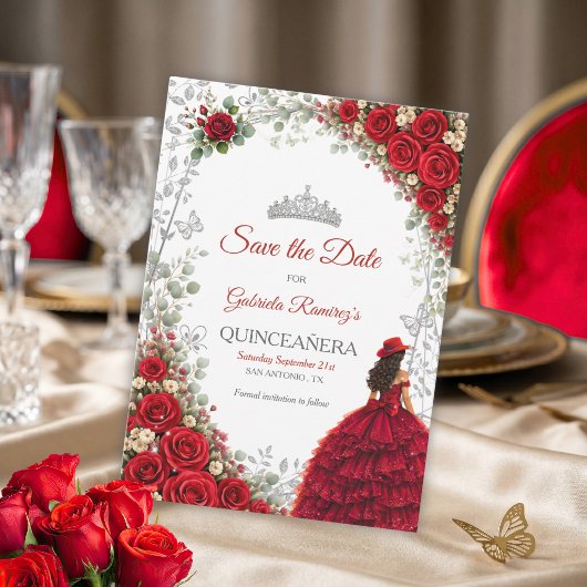 Rode Rozen Zilveren Vlinders Quinceañera Save The Date