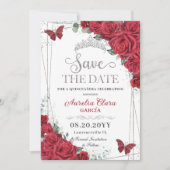 Rode Rozen Zilveren Vlinders Quinceanera Sweet 16 Save The Date (Voorkant)