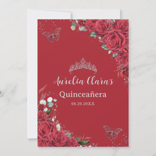 Rode Rozen Zilveren Vlinders Quinceanera Sweet 16 Save The Date (Achterkant)
