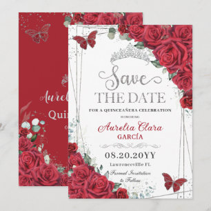 Rode Rozen Zilveren Vlinders Quinceanera Sweet 16 Save The Date