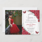 Rode Rozen Zilveren Vlinders Quinceanera Sweet 16 Save The Date (Voorkant)