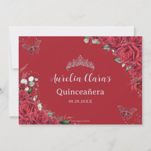 Rode Rozen Zilveren Vlinders Quinceanera Sweet 16 Save The Date (Achterkant)