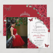 Rode Rozen Zilveren Vlinders Quinceanera Sweet 16 Save The Date (Voorkant / Achterkant)