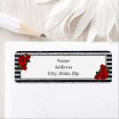 Rode rozen zilveren zwarte strepen adres etiket (Insitu)