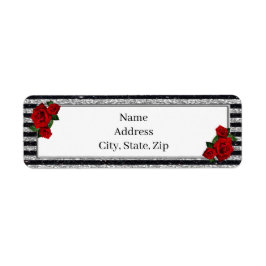 Rode rozen zilveren zwarte strepen adres etiket
