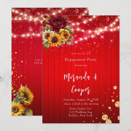 Rode rozen zonnebloem licht glitter verlovingsfees kaart (Voorkant / Achterkant)