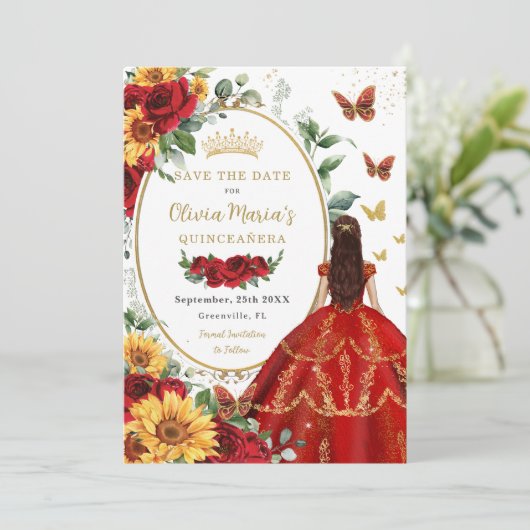 Rode rozen zonnebloem prinses goud quinceañera save the date (Staand voorkant)