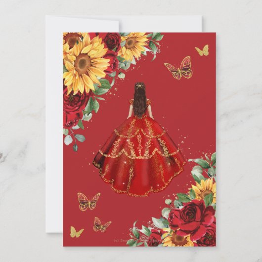 Rode rozen zonnebloem prinses goud quinceañera save the date (Achterkant)