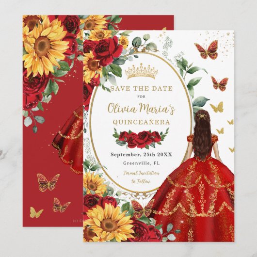 Rode rozen zonnebloem prinses goud quinceañera save the date (Voorkant / Achterkant)