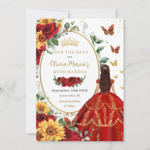 Rode rozen zonnebloem prinses goud quinceañera save the date