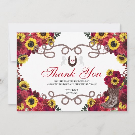 Rode Rozen Zonnebloemen Charro Quinceanera Dank u Bedankkaart (Voorkant)