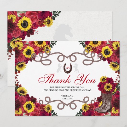 Rode Rozen Zonnebloemen Charro Quinceanera Dank u Bedankkaart (Voorkant / Achterkant)