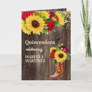 Rode Rozen Zonnebloemen Cowboylaarzen Quinceanera Kaart