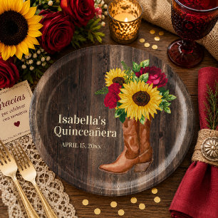Rode Rozen Zonnebloemen Cowgirl Laarzen Quinceaner Papieren Bordje