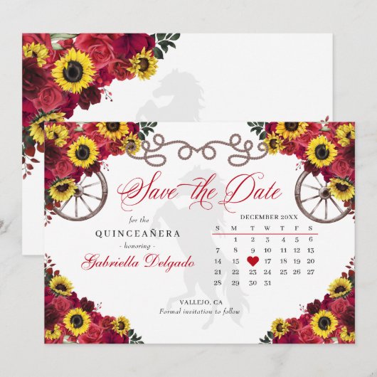 Rode Rozen Zonnebloemen Quinceañera Bewaar de Datu Kaart (Voorkant / Achterkant)